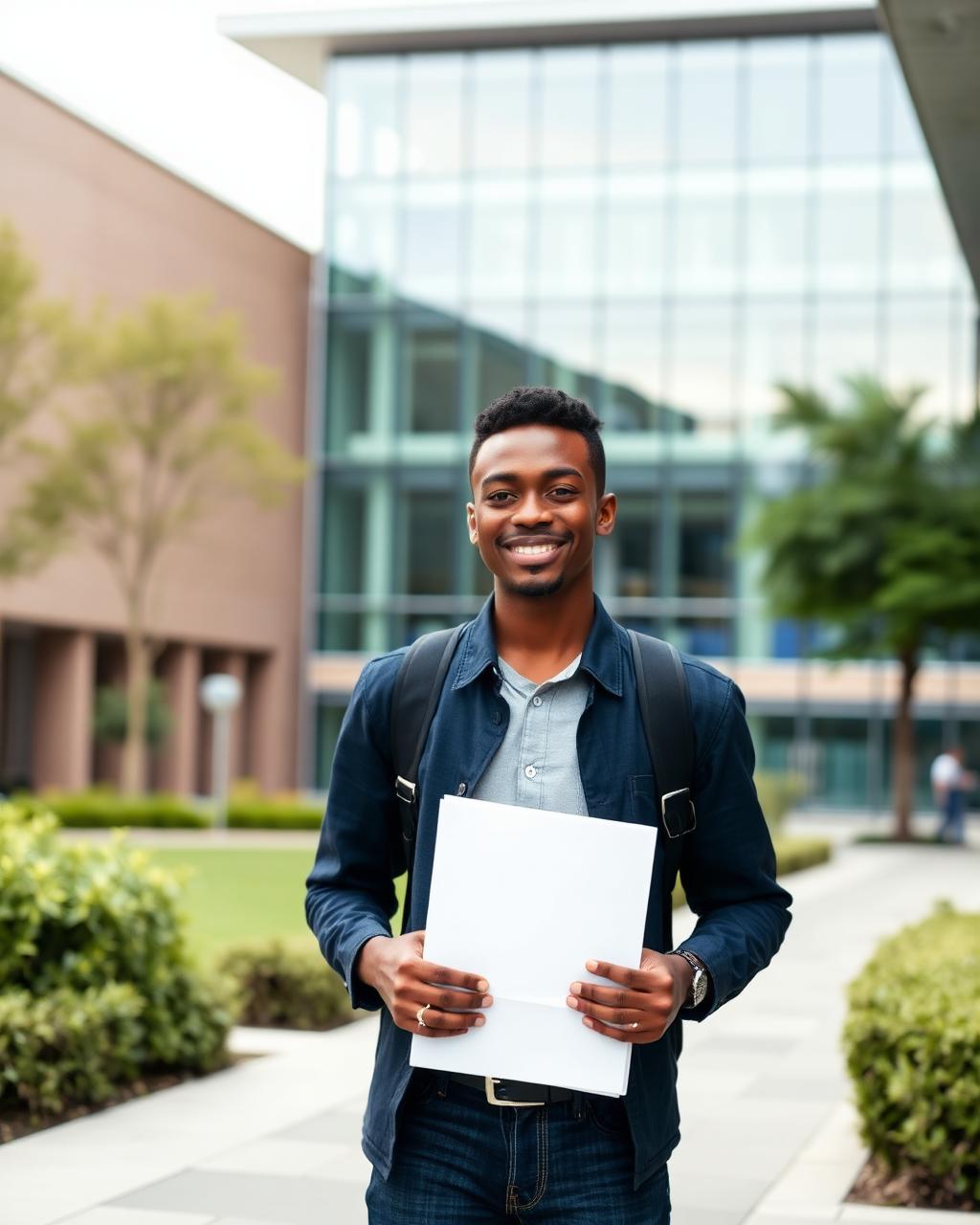 Confident African student on a modern university campus
